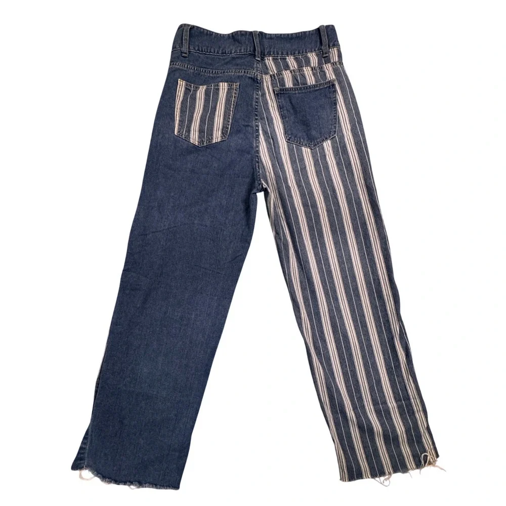 UNIQ BY LITZ Womens Size Medium Patchwork Denim Striped Button Side Jeans - Picture 2 of 9